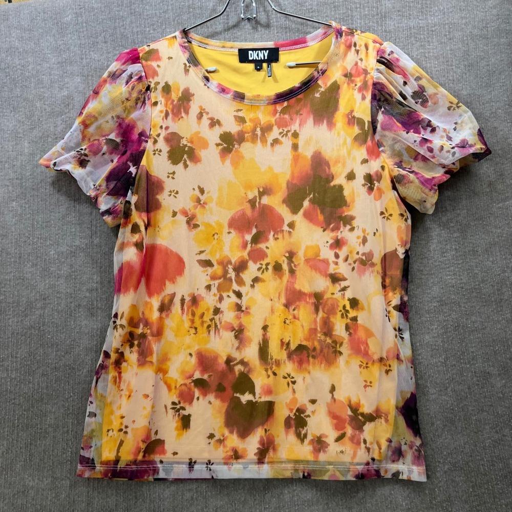 DKNY Floral Mesh Puff Sleeve Top Yellow Pink Orange Size XL